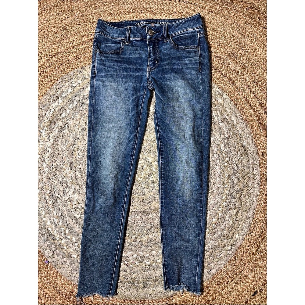 American Eagle Super Stretch X Skinny Jeans Blue Raw Hem Crop Womens 0